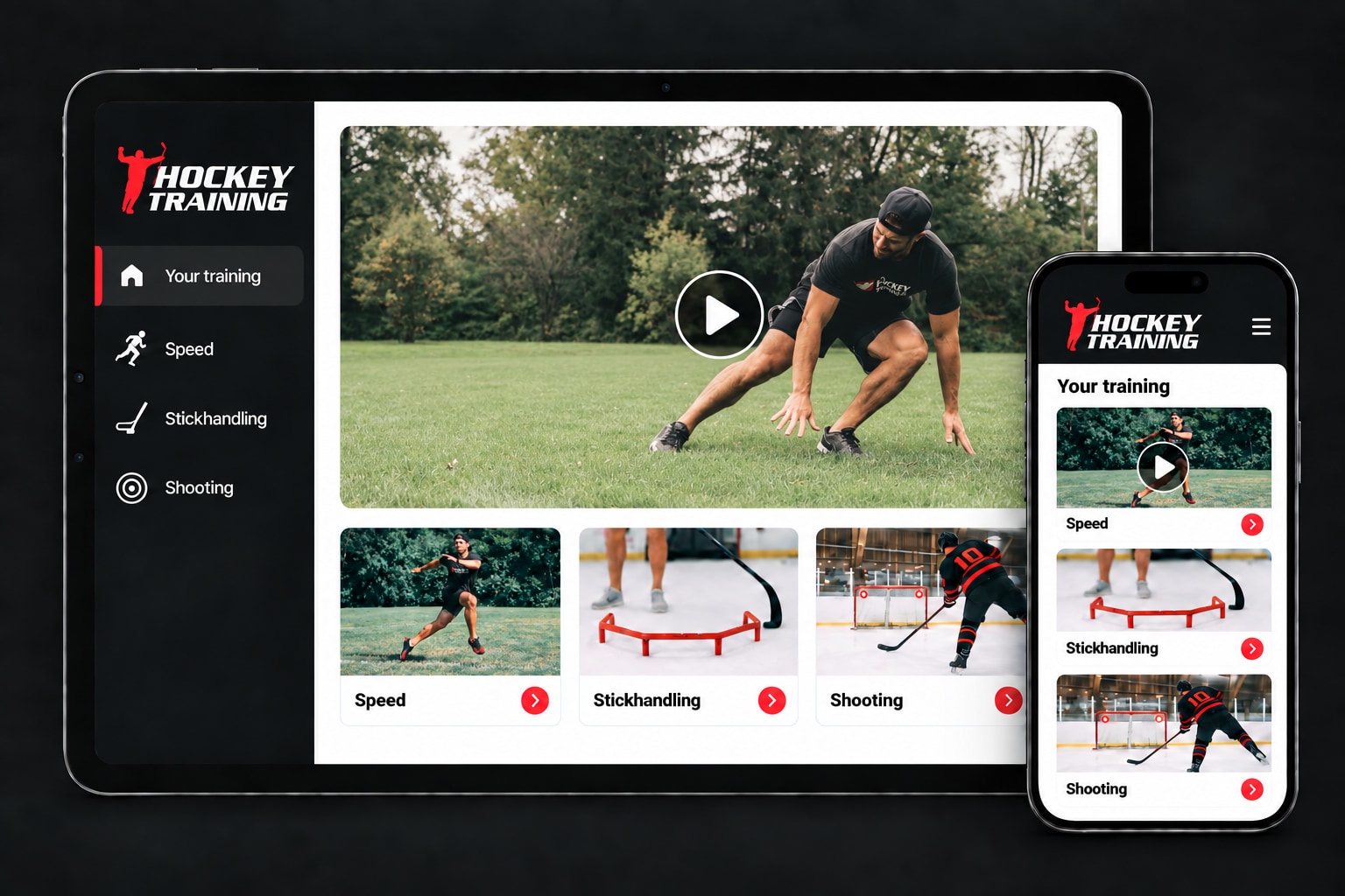 Illustrative Hockey Training tablet and phone screens showing Your training, Speed, Stickhandling and Shooting, with Coach Kevin’s training photos.